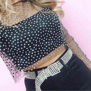 BNWT Embellished rhinestone mesh top in black, Size S